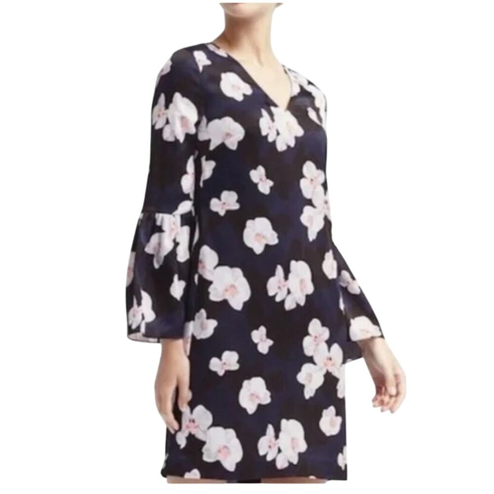 Banana Republic Womens V Neck Navy Floral Bell Skeeve Lined Shift Dress Size 10